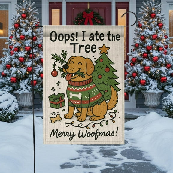 ViciArt Oops! I Ate the Tree Christmas Garden Flag – 12" x 18", Double-Sided Polyester, Funny Holiday Dog Design