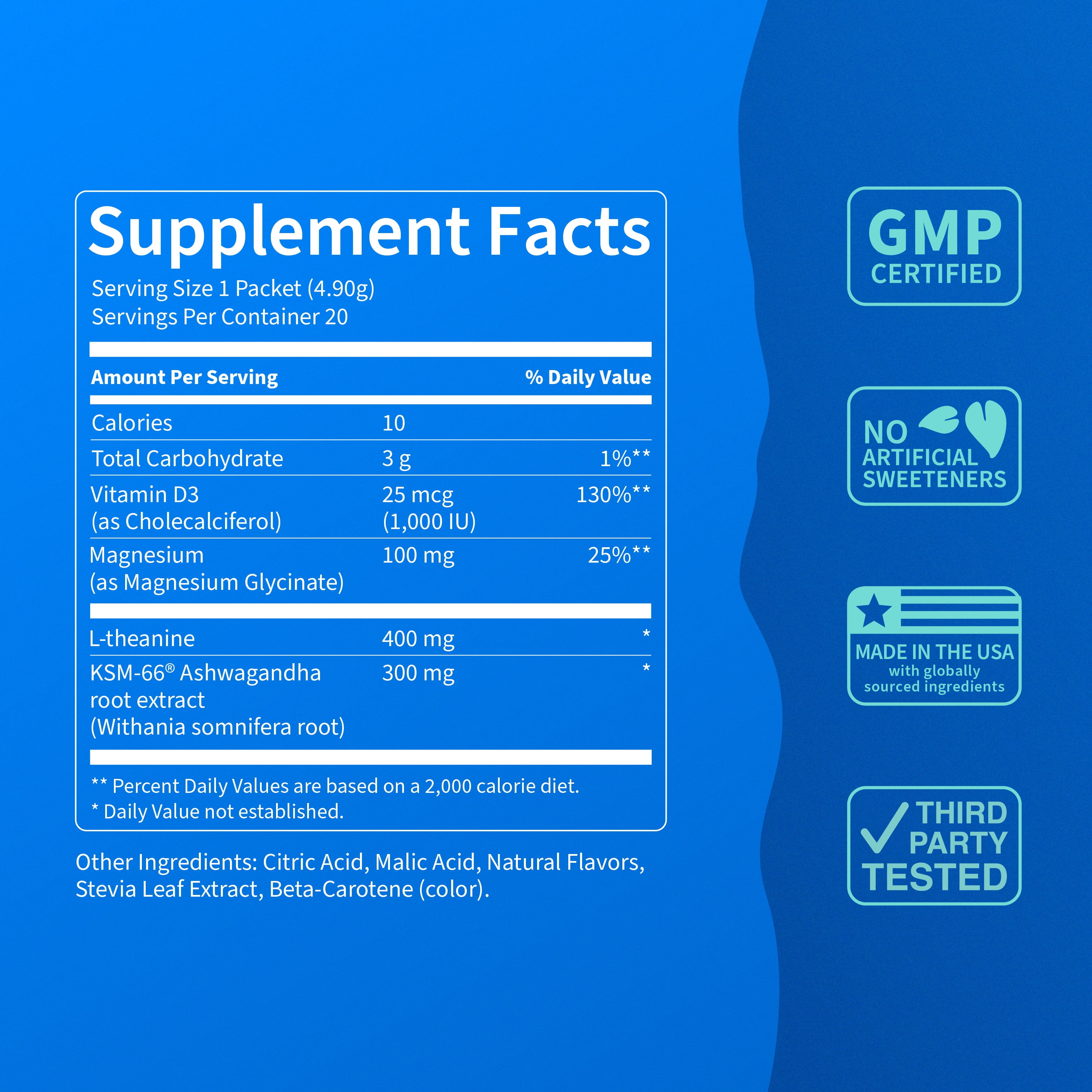 Nello Supercalm Drink Mix - Ashwagandha KSM 66, Magnesium Glycinate & L-Theanine Supplement - Ashwagandha Root Extract - Focus and Relaxation Support (20 Travel Packets) - Pineapple Mint