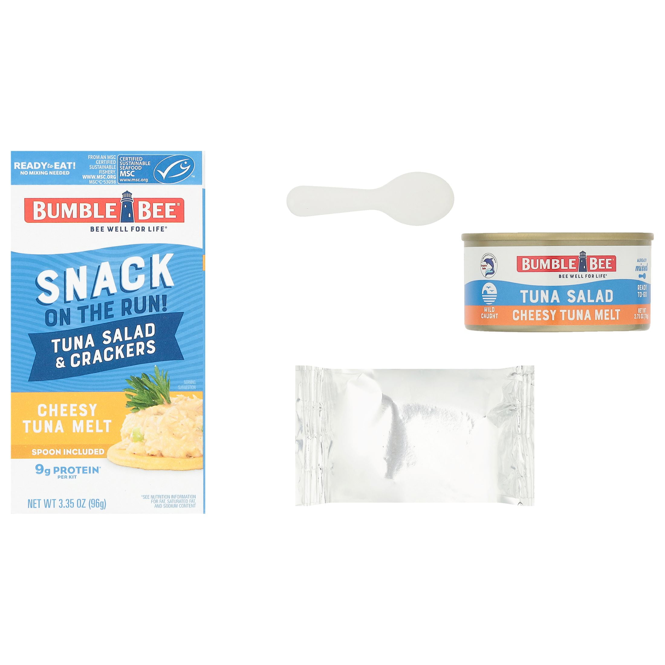 (12 pack) Bumble Bee Snack on The Run Cheesy Tuna Melt with Crackers Kit, 9g Protein Per Serving, Ready to Eat, Spoon Included, Shelf Stable Box, 3.35 oz