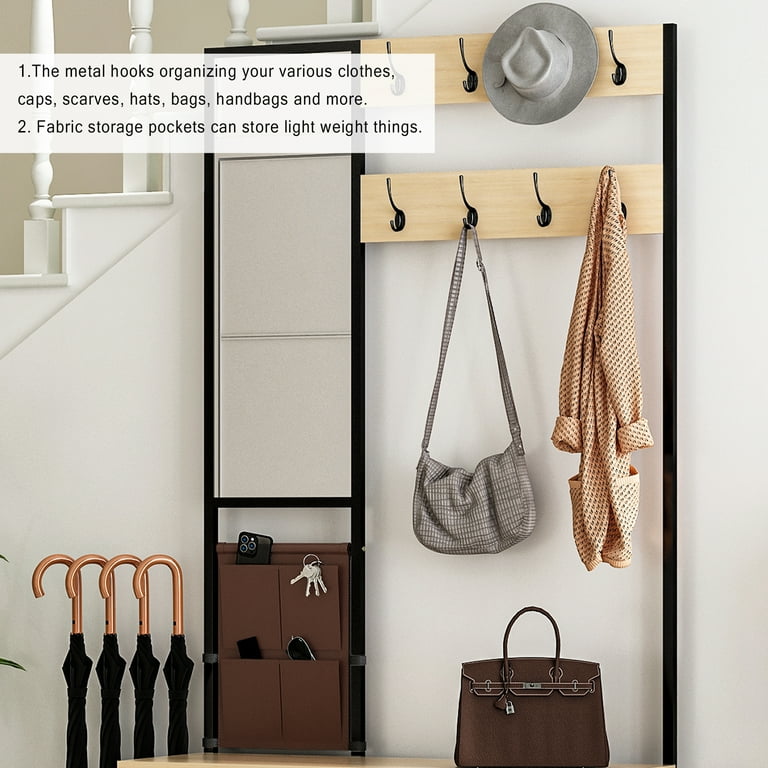 Coat Rack with Shoe Rack , Mirrors ，Hooks, Umbrella Rack ， Storage Bag, and  Small Cute Side Bench