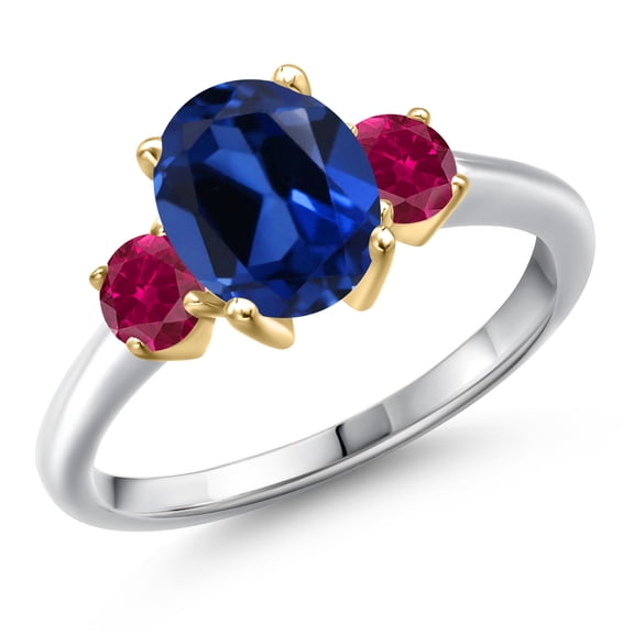Gem Stone King 10K Two Tone Gold Blue Created Sapphire and Red Created Ruby Engagement Ring for Women | 2.80 Cttw | Oval 9X7MM | Gemstone September Birthstone | Size 9