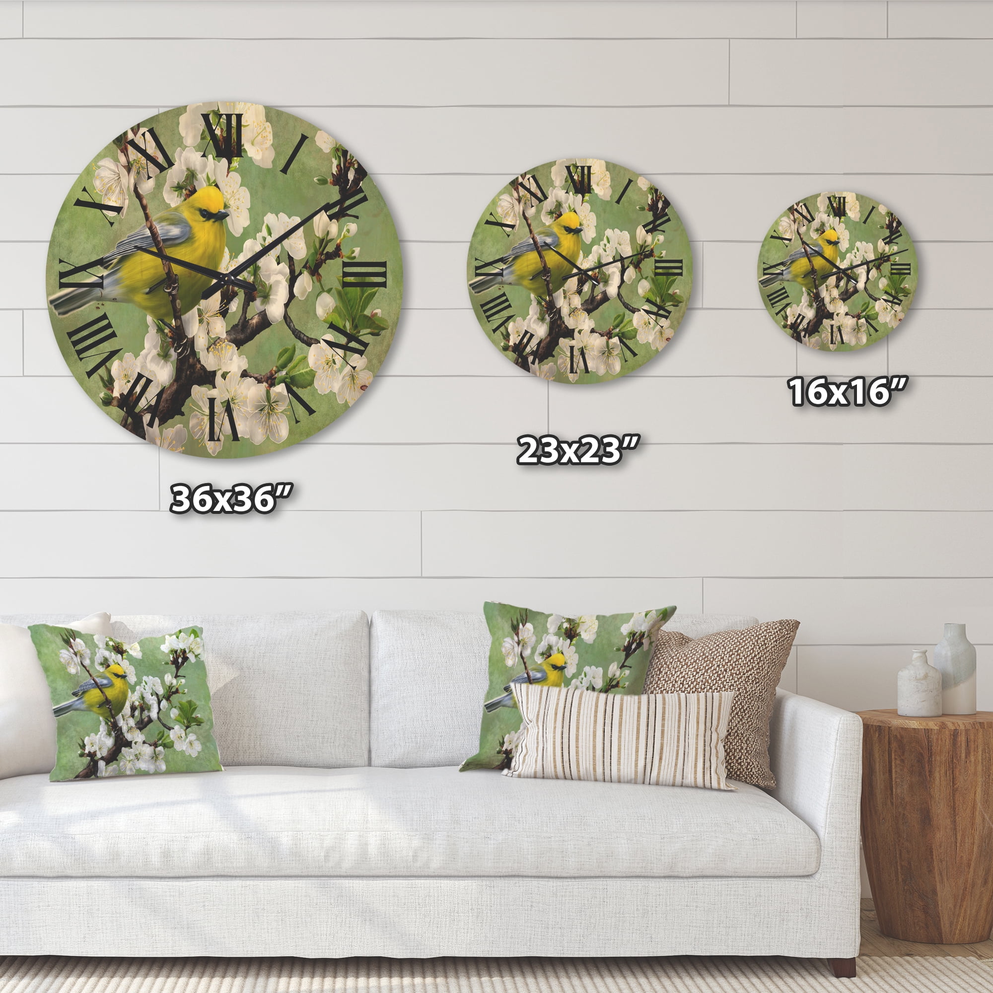 Designart 'Bird Sitting On A Branch of Cherry' Traditional Wood Wall Clock