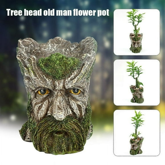 AMERTEER Man Face Tree Trunk Pot Treeman Flower Planter with Green Beard Decorative Resin Flower Pot for Garden Plant New