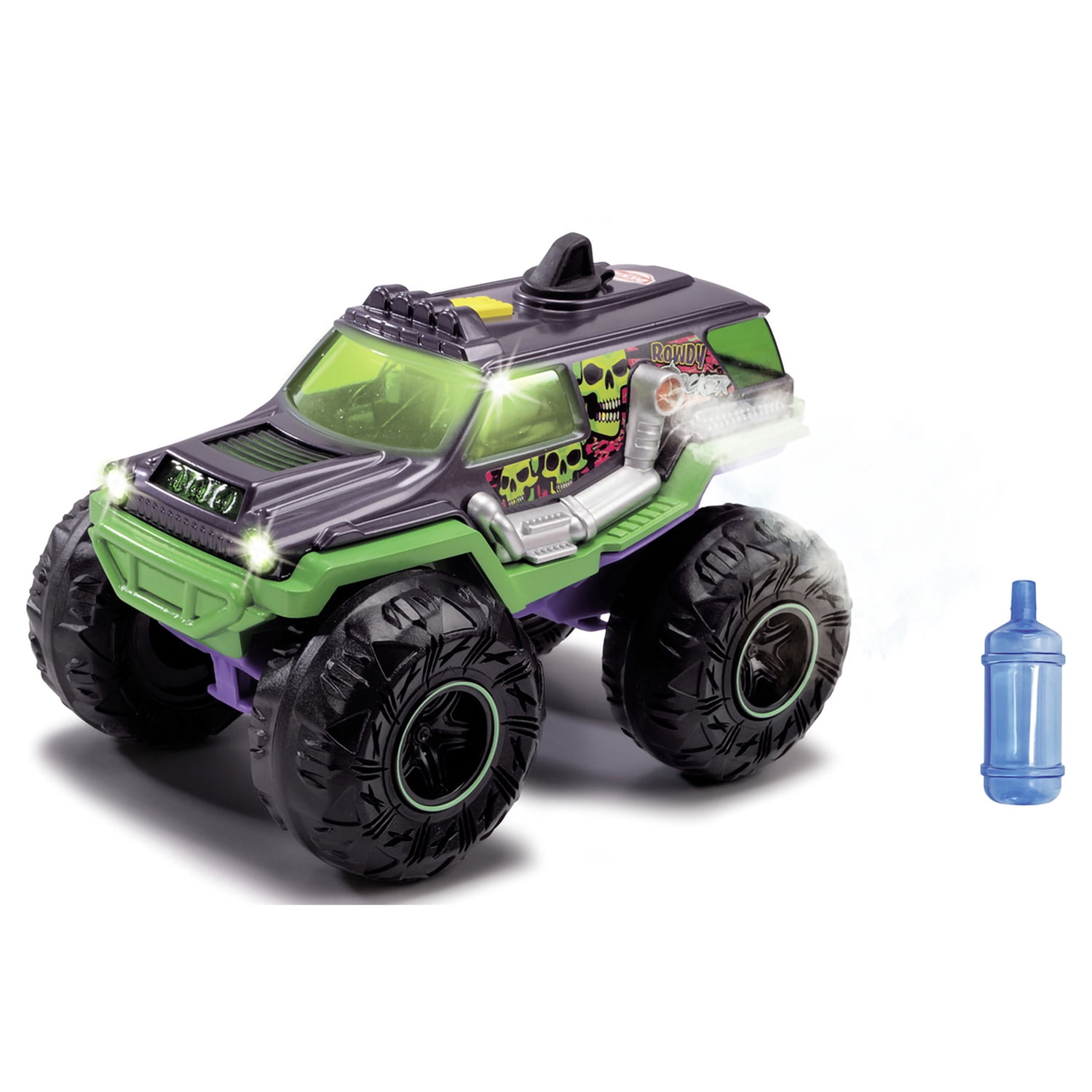 Dickie Toys: Rowdy Rocker Monster Truck – Green & Purple - 9.8" Light & Sound Freewheel Toy Vehicle, Smoking Effect, Suspension, Rubber Tires, Kids 3+