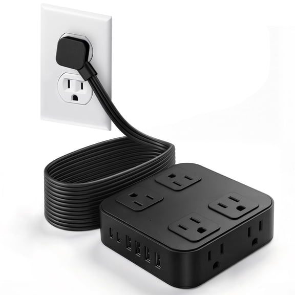 10FT Flat Plug Surge Protector Power Strip with 8 Outlets & 6 USB(2 USB-C) | Extension Cord Flat Wall Plug10 Foot, Multiple Outlets, Wall Mount, Desk Charging Station for Home, School, Dorm Room