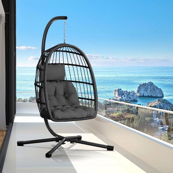 Egg Chair with Stand, Rattan Wicker Hanging Swing Chair for Bedroom, Porch, or Garden – Aluminum Alloy Frame, UV-Resistant Cushion, 350 lb Capacity (Grey)