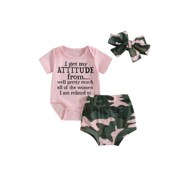 Hirigin Newborn Baby Girl Summer Funny Outfit Set 3 6 12 18 Months I Get My Attitude from Women Romper Camouflage Shorts Headband Set