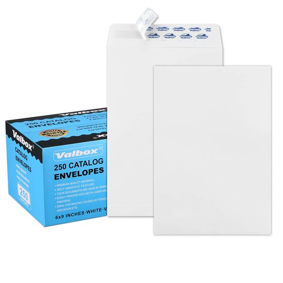 ValBox Enveloppes de Catalogue de Sécurité Auto-Scellantes 6x9, 250 Unités, Petites Enveloppes Blanches pour l'Envoi, le Rangement et l'Organisation