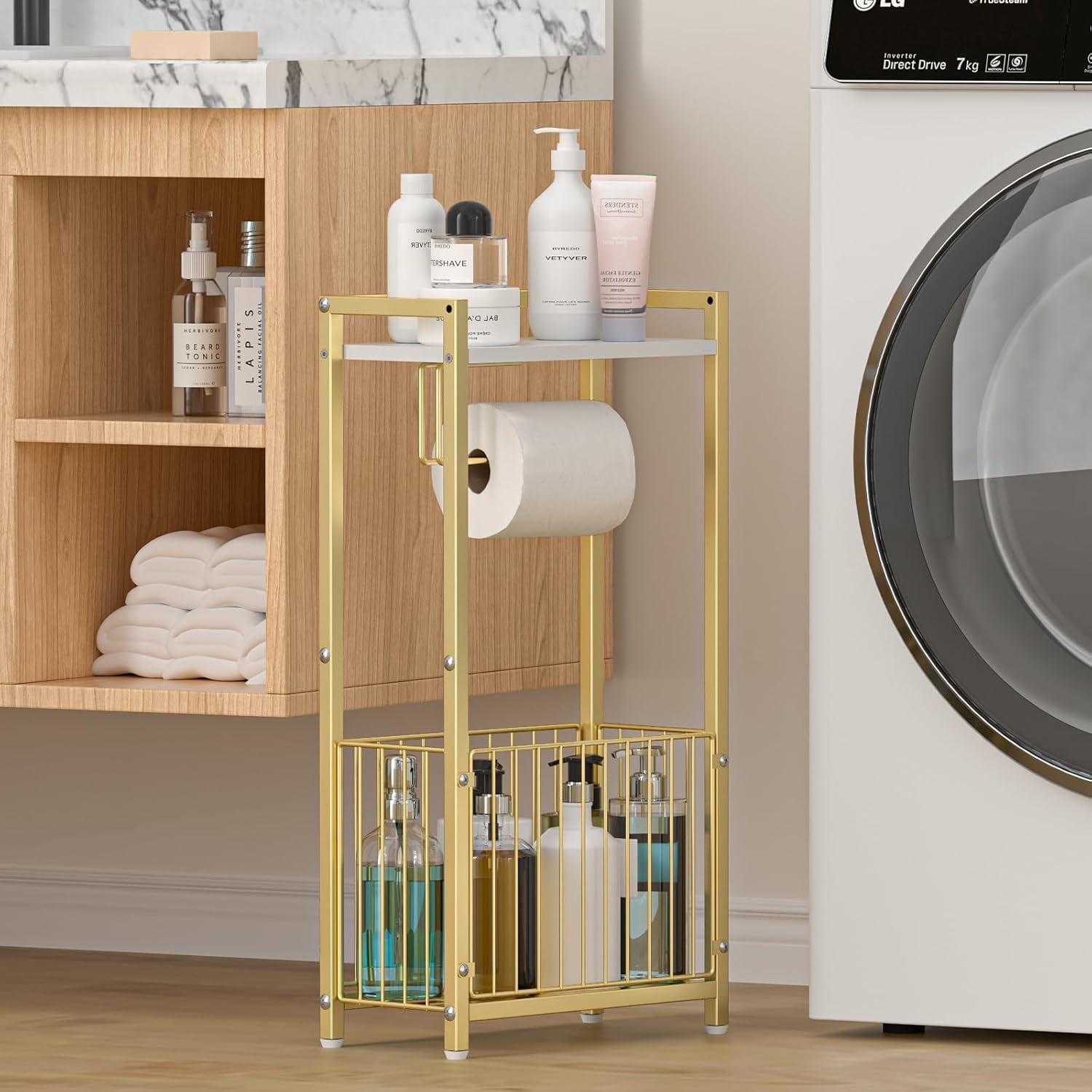Freestanding Toilet Paper Holder with Storage Shelf - Gold Metal Frame Organizer for Bathroom Tissues and