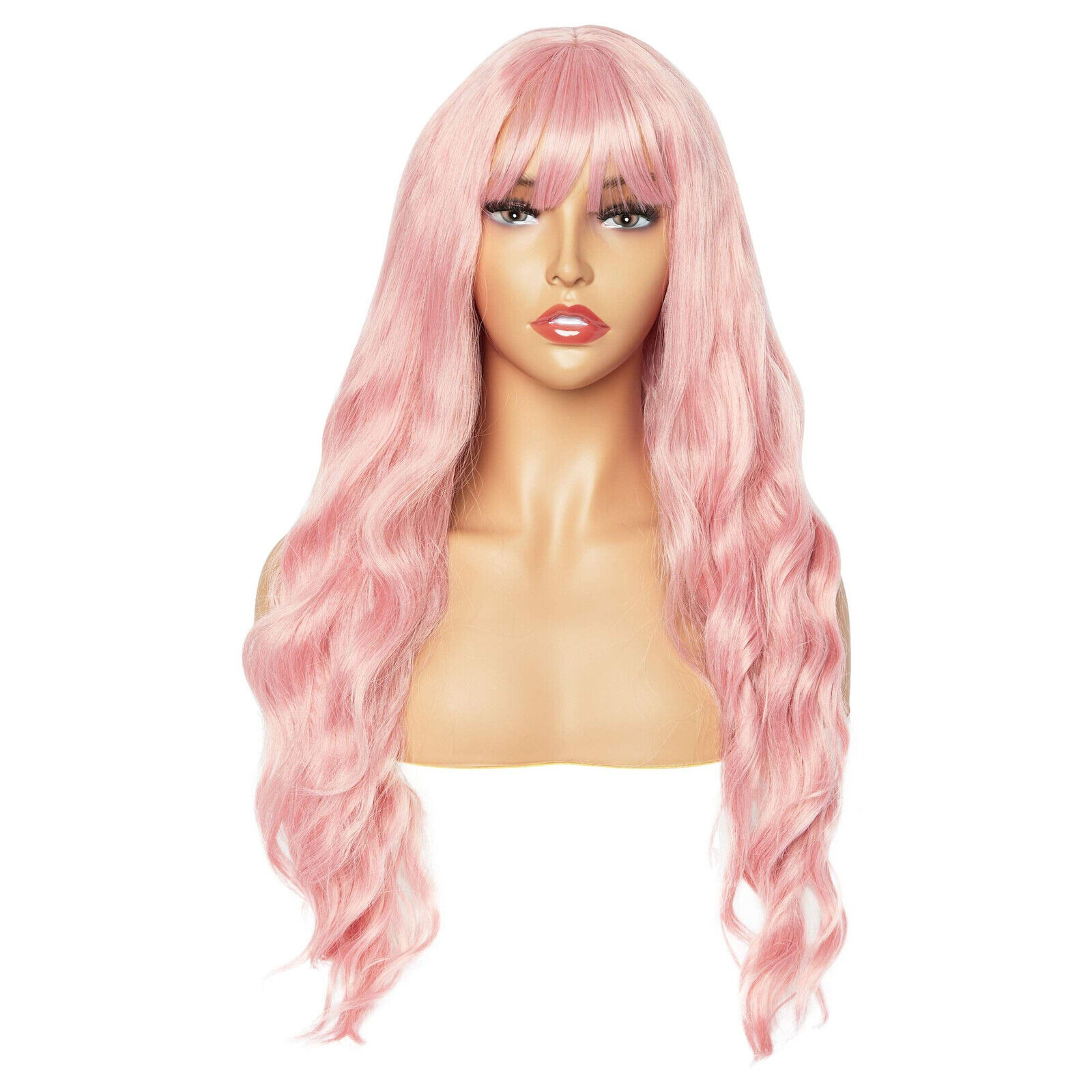 Long Wavy Pink Pastel Synthetic Wig with Bangs for Women, 29 Inch Hair