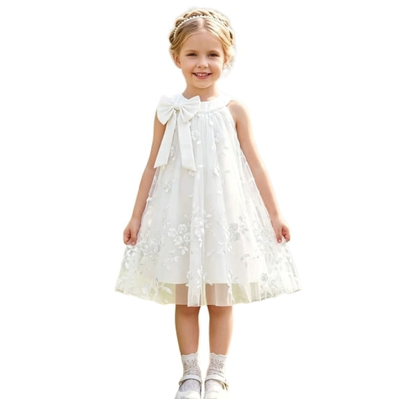 Tfken Girls Dresses Soft Comfy Holiday Travel Girls Sleeveless Tulle Dresses Elegant Solid Color Embroidery Party Toddler Cute Clothes Size 4-5 Years