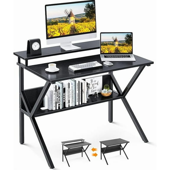 Small Desk, 27.5 Inch Computer Desk for Small Spaces, Kids Desk with Storage, Study Table with Monitor Stand for Homeschool, Pink