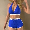 thumbnail image 2 of HNMKIU Bikini Sets for Women Fashionable Two Piece Swimwear Neck Top with High Waisted Boyleg Shorts for Beach Pool Womens Swimsuits Blue,L, 2 of 6