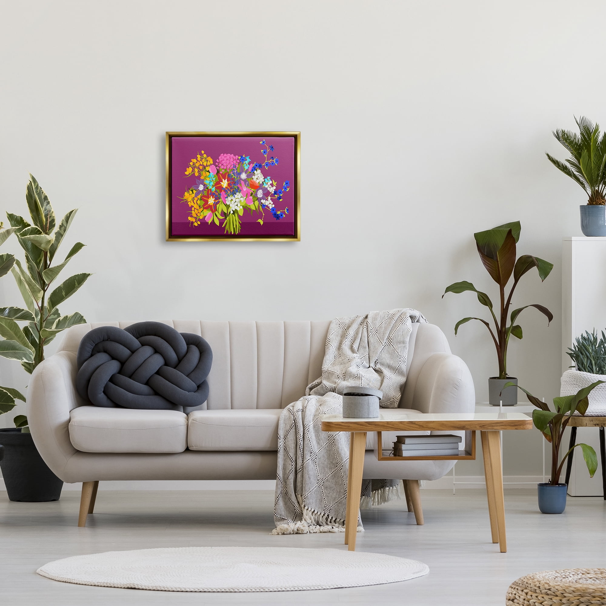 Stupell Industries Mixed Florals on Purple Botanical & Floral Painting Gold Floater Framed Canvas Art Print Wall Art, 21 x 17