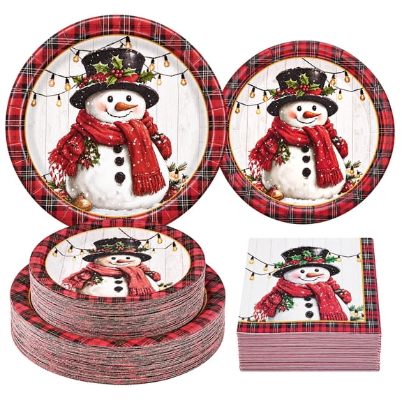 Ktinnead 200 pcs Christmas Plates and Napkins Serves 50 Guests Snowman Disposable Dinnerware Set for Winter Holiday Christmas Party Supplies