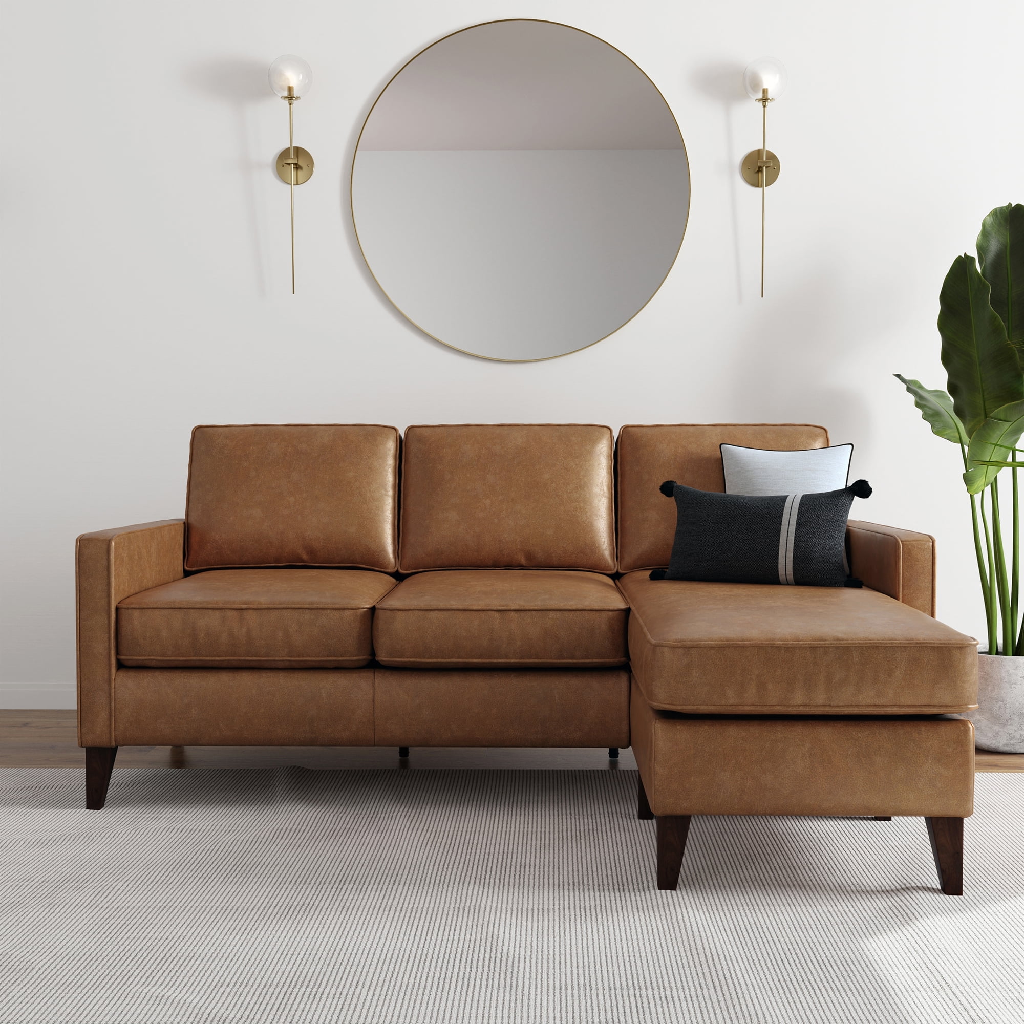 Jianna Faux Leather Reversible Sectional, Saddle Brown