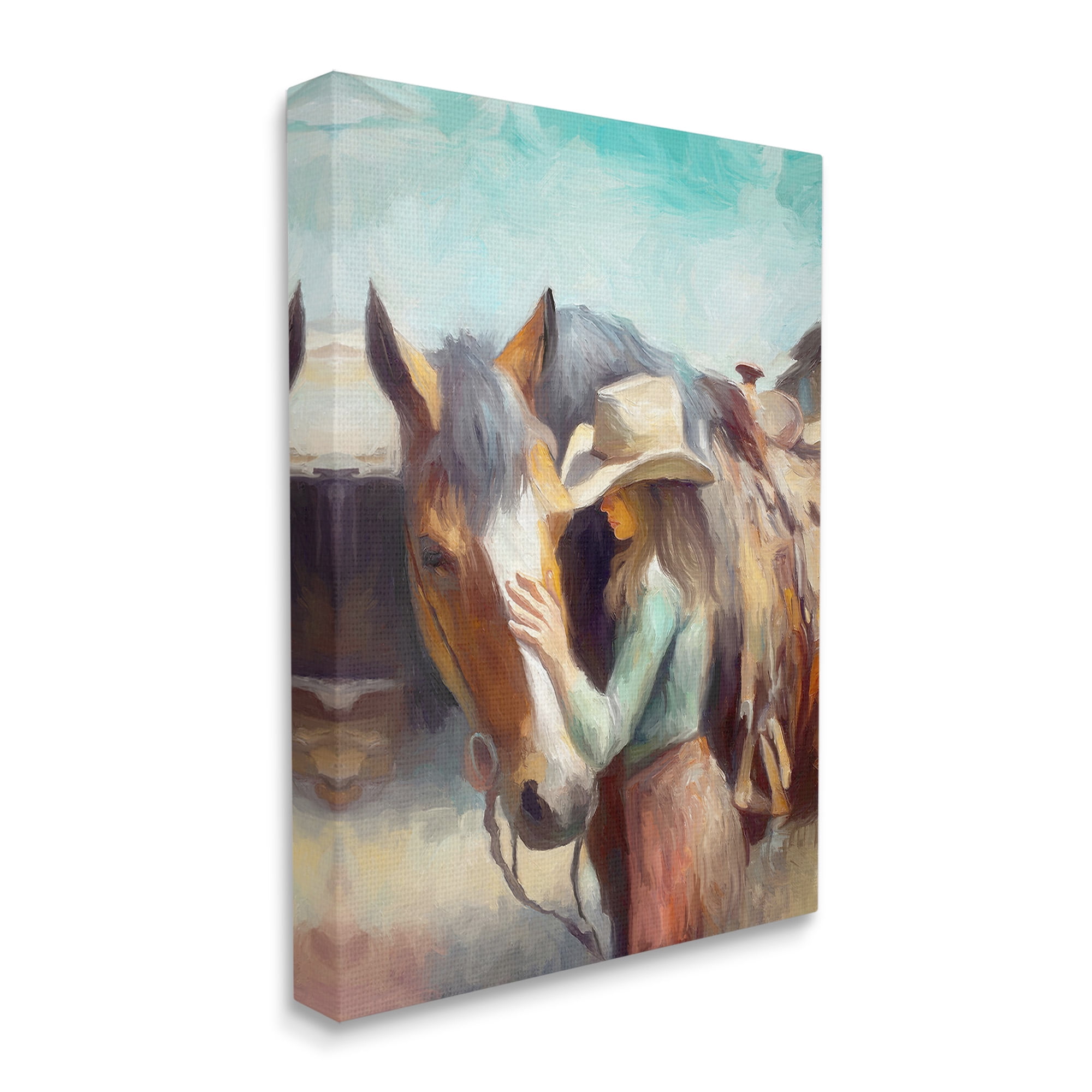 Stupell Industries Cowgirl Petting Horse Animals & Insects Painting Gallery Wrapped Canvas Art Print Wall Art, 24 x 30