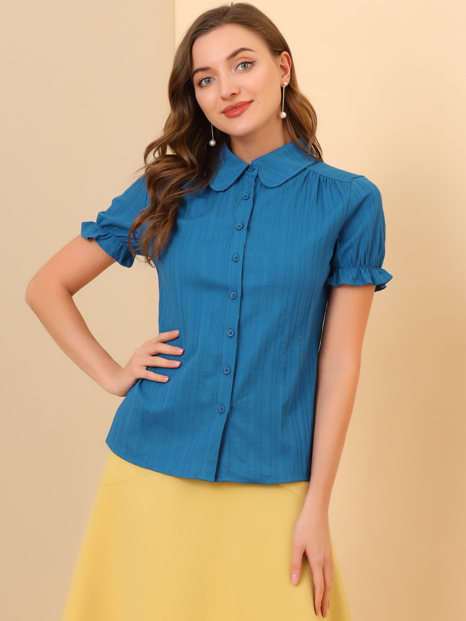 DARING DIVA Women's Cotton Frilled Peter Pan Collar Blouse XL Ocean Blue