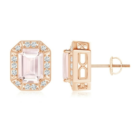 Emerald Cut Morganite And Diamond Halo Stud Earrings In 14k Rose Gold 7x5mm Se1034mgd Rg A 7x5