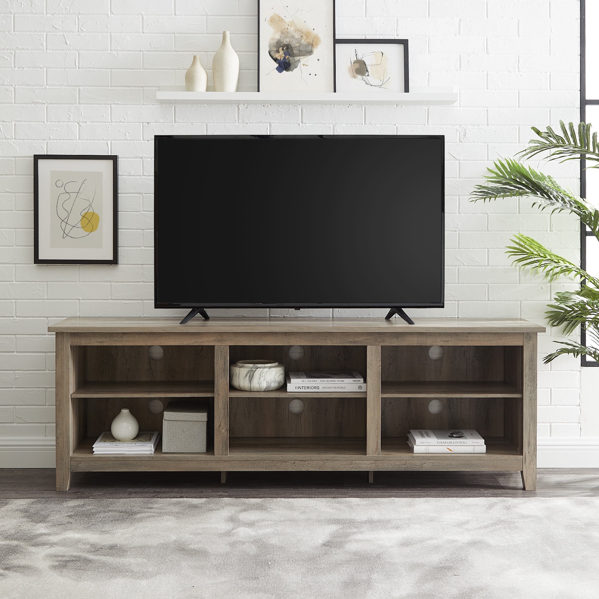 Woven Paths Open Storage TV Stand for TVs up to 80", Grey Wash