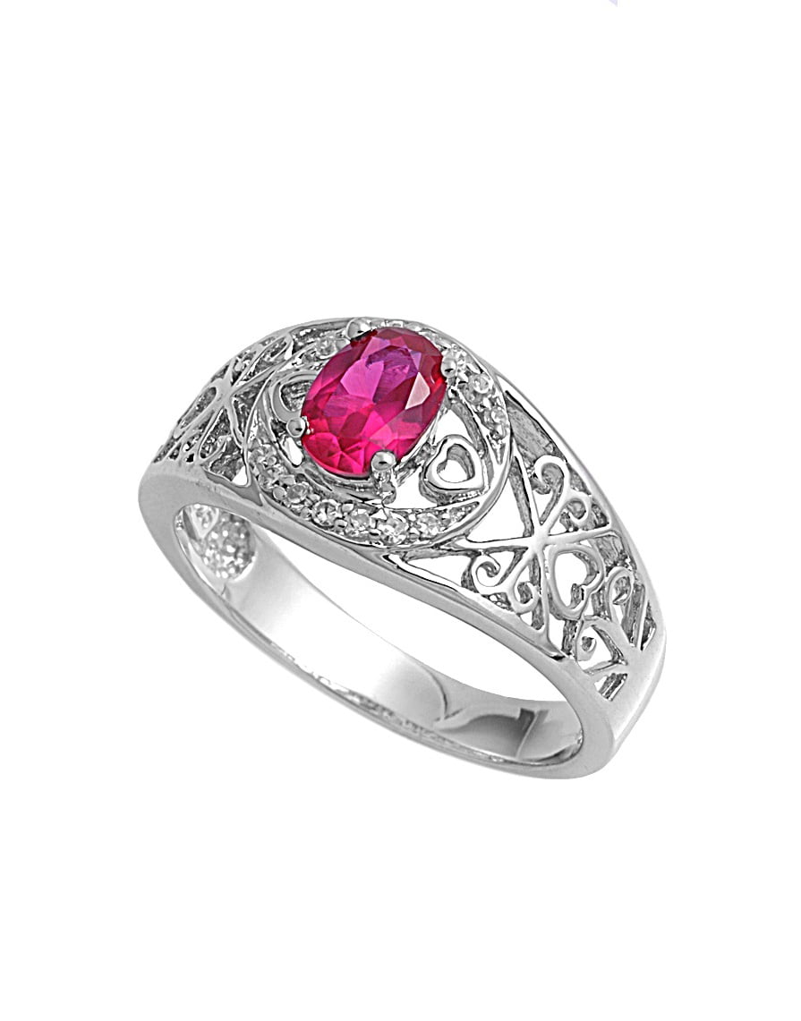 Oval Center Simulated Ruby Cubic Zirconia Ring Sterling Silver 925 Size ...