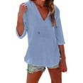 thumbnail image 3 of Women's Cotton Linen Hooded Cover Up, 3/4 Sleeve V-Neck Pocket Shirt, Lightweight Beach Kimono for Bikini Cover, Summer Vacation, and Resort Wear-Sky Blue, 3 of 10