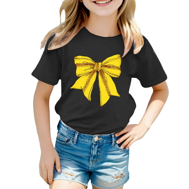 NINGMENG Hauts et T-Shirts pour Filles, Été, Imprimé Nœud Papillon, Col Rond, Manches Courtes, Ample, Décontracté, Noir, 6-7 Ans