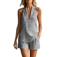 thumbnail image 2 of Women's Striped V Neck Two-Piece Set Outfit Sleeveless Top And Stretch Waist Shorts Set Summer Vacation Set, 2 of 9
