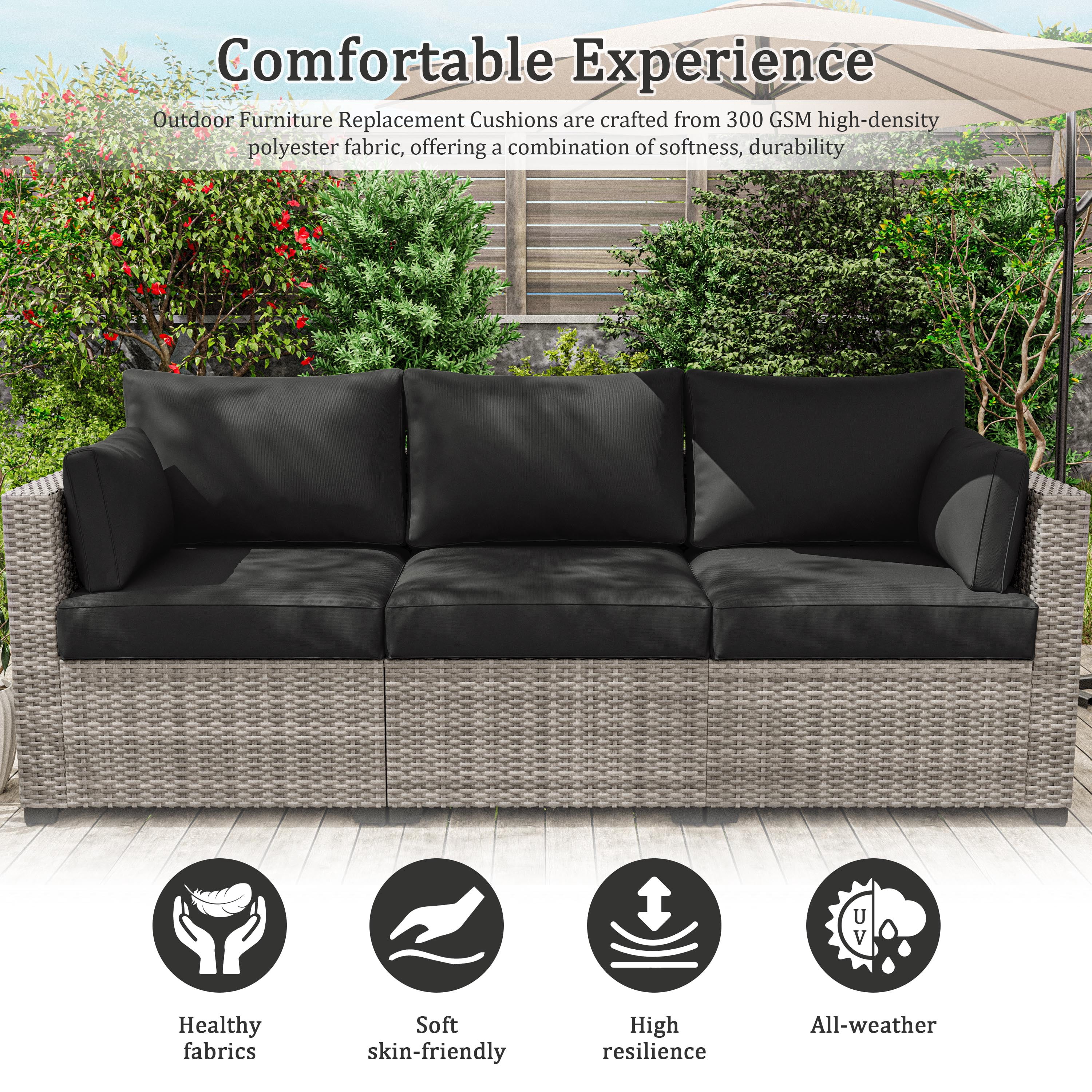 Snubbull 8-piece Patio Furniture Cushions, Replacement Outdoor Cushions for 3-Seat Sectional Sofa, Waterproof & Zipped, 25.6"*23.6"*4", Black