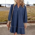 thumbnail image 2 of V-Neck Denim Dress with 3/4 Length Puff Sleeves - Mid-Calf Casual Basic Stretch Cotton Jean Shirt Dress for Women Denim Dress for Women, 2 of 8