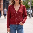 thumbnail image 2 of Women Sparkle Rhinestone V Neck Cardigan Sweater Button Front Soft Stretch Fabric (Red L), 2 of 5