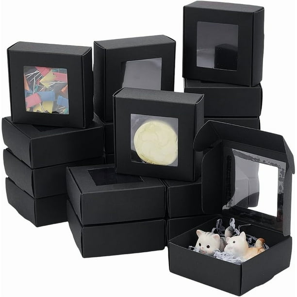 36 cajas cuadradas de papel con ventana transparente, 7,6 x 7,6 x 3 cm, plegables, de color negro, ideales para regalos de cumpleaños, fiestas y bodas.