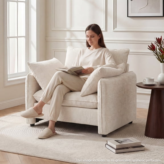 Landassy Home 42.1" Oversized Accent Chair with 33.6" Wide Deep Seat, Modern Chenille Upholstered Reading Armchair, Ergonomic 120° Reclined Sofa Chair with 2 Throw Pillows for Living Room, Beige