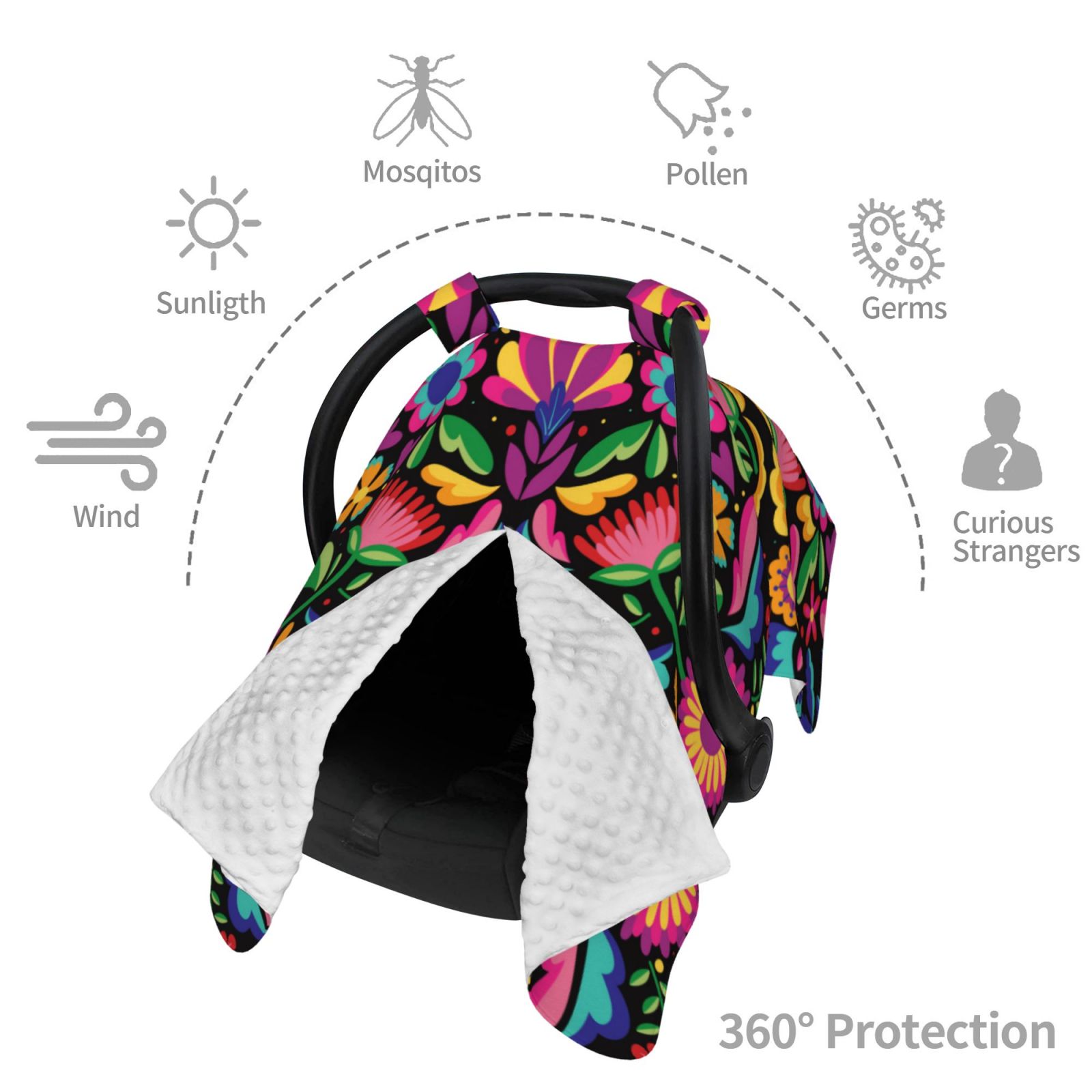 Car Seat Cover Baby - Colorful Floral Embroidery Mexican Breathable Infant Car Seat Cover for Baby Carseat, Lightweight Comfort Baby Essentials Must Haves Newborn Stuff for Girl Boy