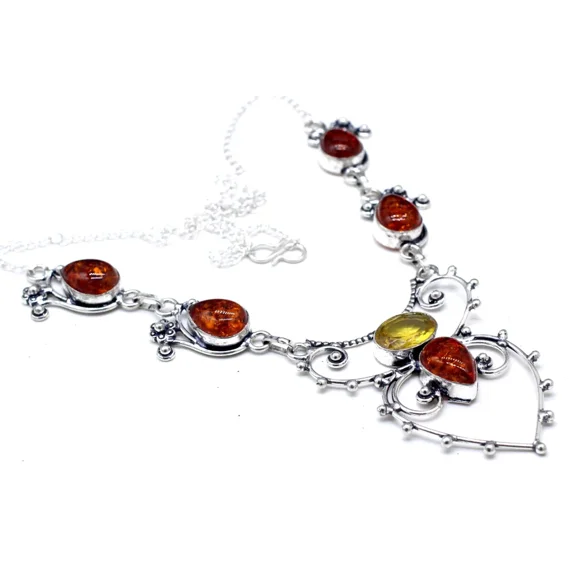 925 Sterling Silver Baltic Amber & Citrine Gemstone Jewelry Necklace Size-17-18
