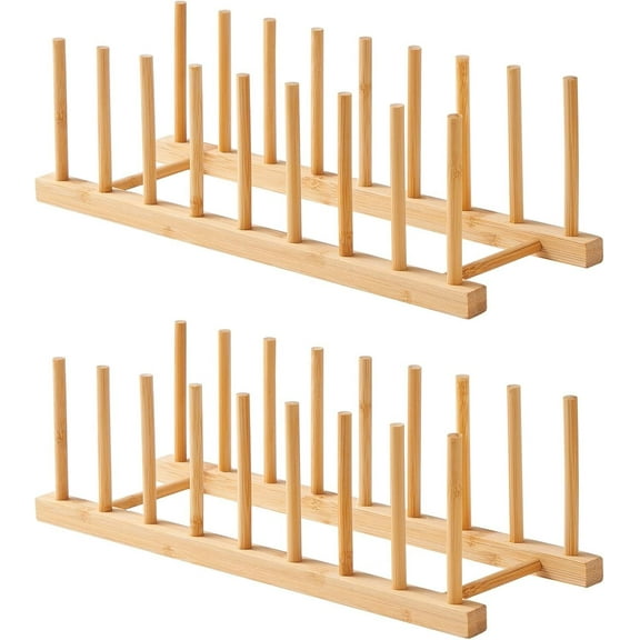 Bamboo Wooden Plate Racks Dish Stand Holder Kitchen Storage Cabinet Organizer for Dish/Plate/Bowl/Cup/Pot Lid/Cutting Board (Pack of 2)