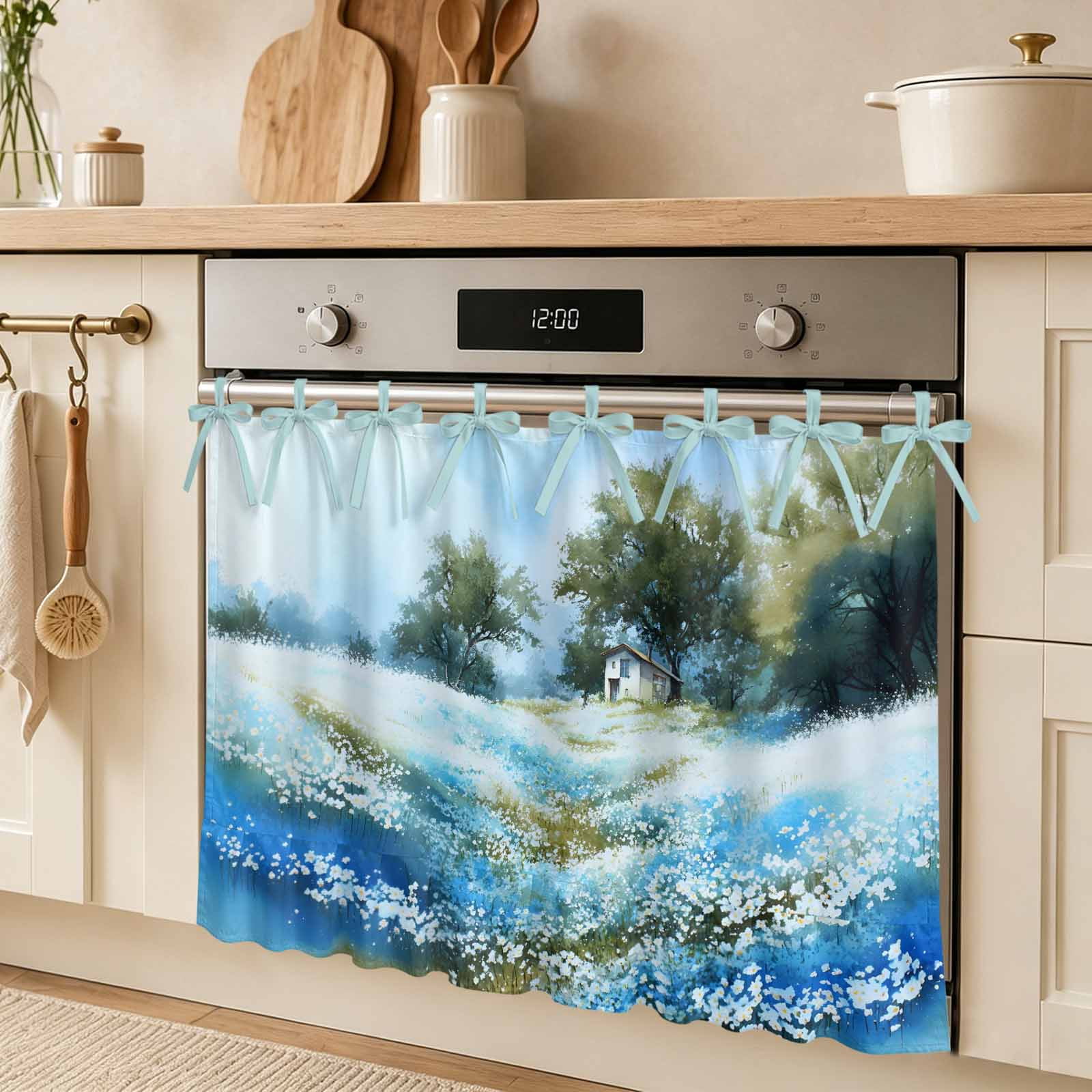 Flowerbed Cabin Oven Skirt Curtain Watercolor Spring Field Blue Floral Tree Tie Top Tier Curtains Stove Dishwasher Skirt Small Window Drapes for Kitchen Bathroom Cafe 27 x20