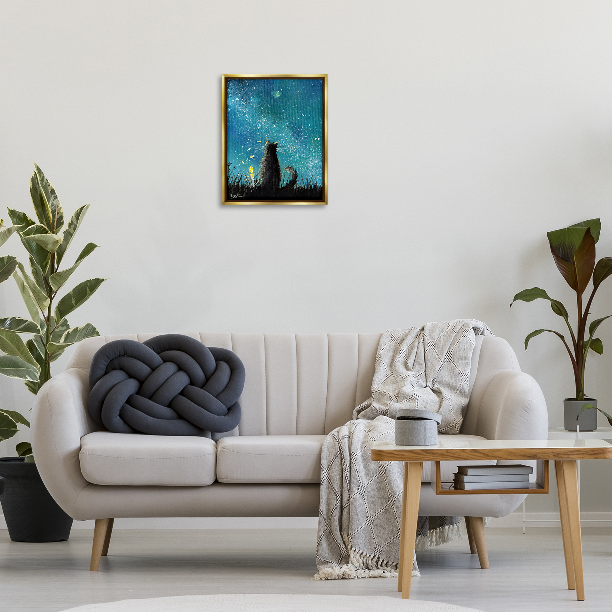Stupell Industries Cat Gazing at Stars Astrology & Stars Painting Gold Floater Framed Canvas Art Print Wall Art, 17 x 21