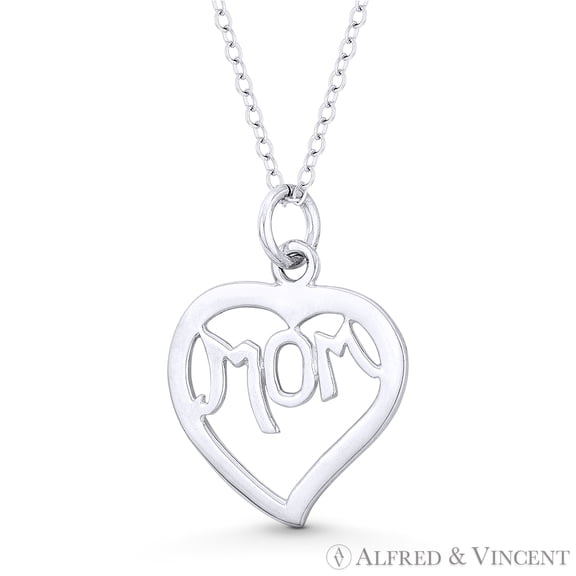 Heart Charm & "Mom" Script Pendant & Chain Necklace in .925 Sterling Silver