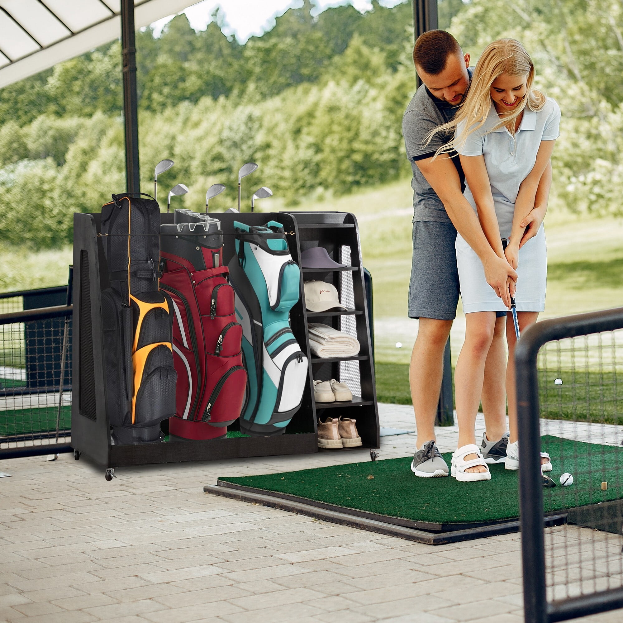 AENKYO Golf Bag Storage Rack Holds 3 Bags & 14 Clubs, with Shoe & Ball Storage, Sturdy Wood Sports Organizer, Black