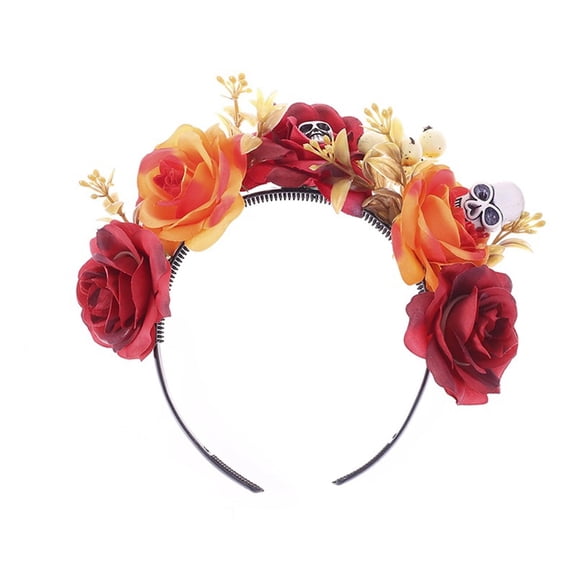 Luo fashion Day of the Dead Rose Headband with Sugar Skulls – Orange & Red Floral Crown Hair Hoop, Halloween Skeleton Cos-tume Headpiece for Women