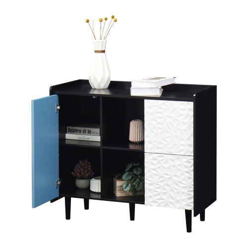 Modern Sideboard with 2 Drawers & 2 Open Compartments White Buffet Storage Cabinet with Blue Doors for Kitchen, Dining Room & Coffee Bar