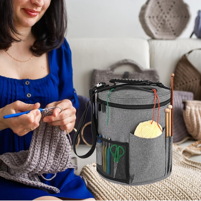 Bolsa de hombro para tejer, bolsa organizadora para tejer, bolso cilíndrico, bolsa portátil para guardar hilo, bolsa de almacenamiento de lana para gris
