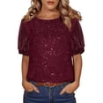 thumbnail image 3 of Laqbezok Women's Shiny Sequin Short Sleeve Top, Pullover Puff Sleeve Patchwork Blouse, Casual Sparkly Party Outfit, 3 of 6