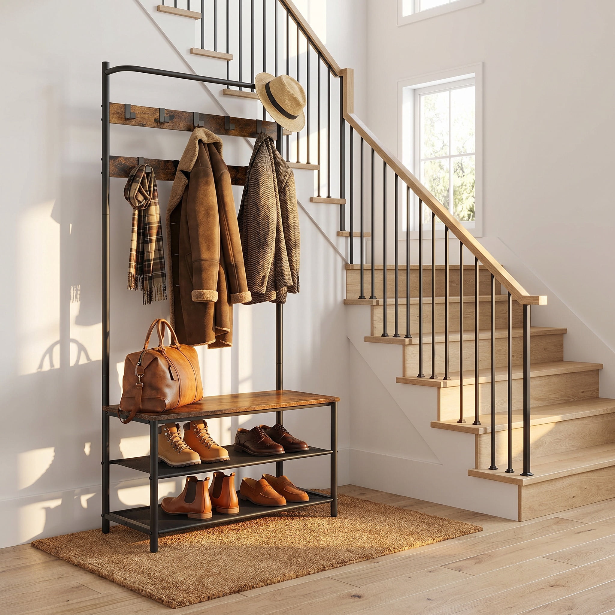 Nordic Hygge3-in-1 Industrial Hall Tree with Shoe Storage Bench, Rustic Walnut & Black