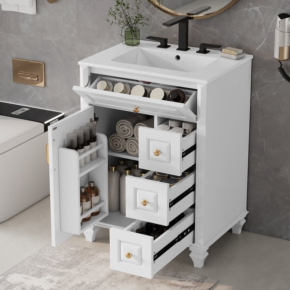 YIYADO 24 Inch Bathroom Vanity with Sink, White Freestanding Vanity Cabinet with Flip-Out Drawer, 3 Drawers & Storage Cabinet, Solid Wood & MDF, Ceramic Sink Top White