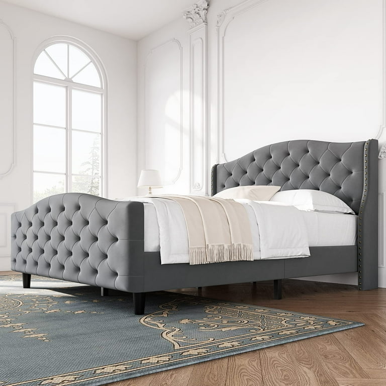 Tufted Upholstered Platform Queen Bed Frame with Headboard and Footboard Velvet Platform Bed Raised Wing Back Headboard Grey King