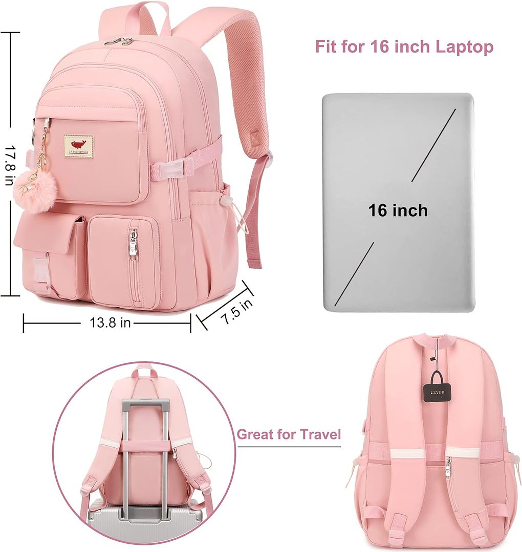 Mochila para laptop de 15.6 pulgadas para niños, primaria, secundaria, preparatoria y universidad, antirrobo, para viajes, grande, para adolescentes y mujeres estudiantes (rosa) 3