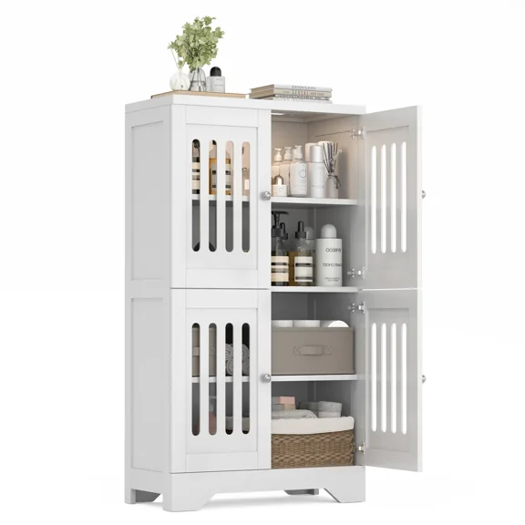 Bathroom Floor Storage Cabinet with Cabinet Lights, Modern Storage Cabinet with 4 Doors and Adjustable Shelves, Buffer Hinges, White Pantry Cabinet for Living Room & Kitchen