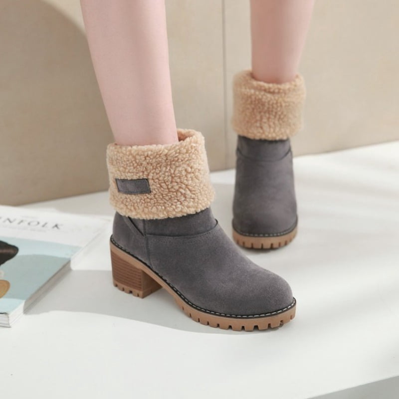 women cute warm short boots suede chunky mid heel round toe winter snow ankle booties